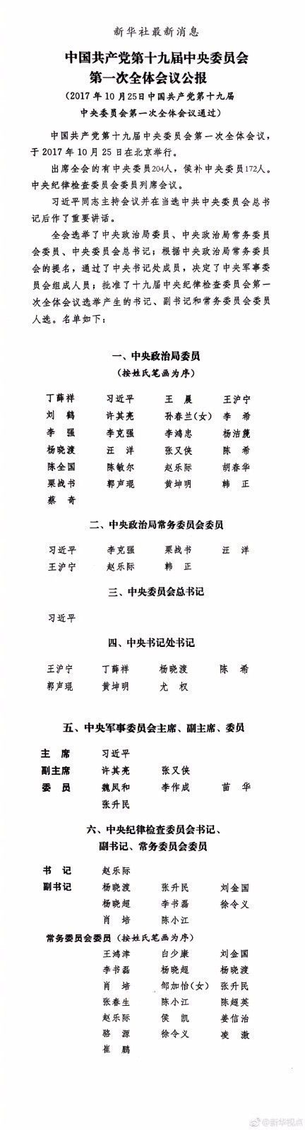 党的十九届一中全会选举习近平为中央委员会总书记